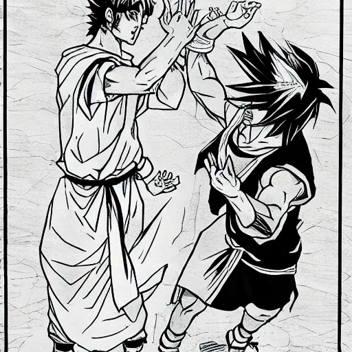 Image similar to manga drawing of jesus, goku fighting jesus