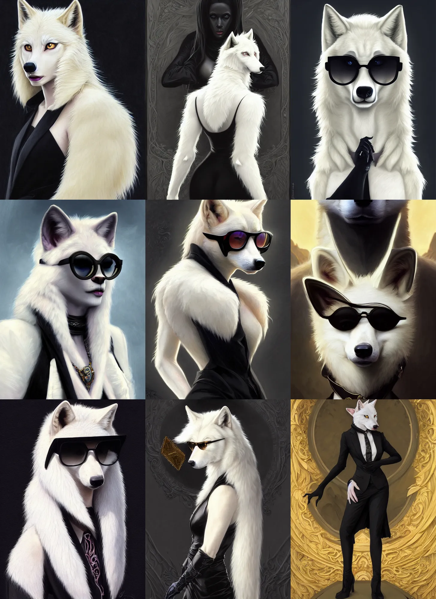 Prompt: full body photograph of a female albino anthro wolf fursona wearing a black suit and sunglasses, deep focus, intricate, elegant, highly detailed, digital painting, artstation, concept art, matte, sharp focus, illustration, d & d, fantasy, hearthstone, art by artgerm and greg rutkowski and alphonse mucha