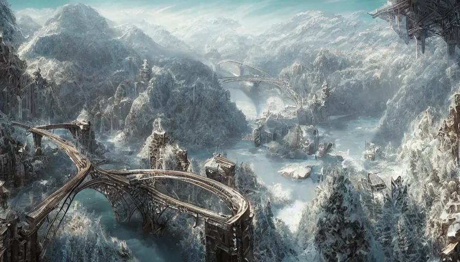 Prompt: White castles built in snowy mountains connected by bridges with villages below at sunny day, hyperdetailed, artstation, cgsociety, 8k