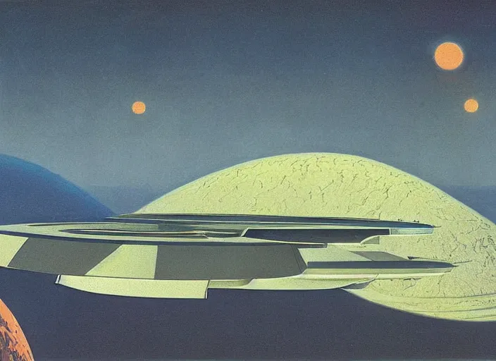 Image similar to a spaceship in a stunning landscape by chesley bonestell