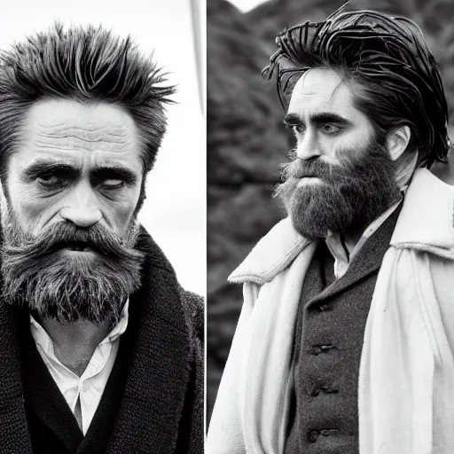 Image similar to Willem Dafoe with a beard and Robert Pattinson with a moustache in The Lighthouse (2019), high contrast, black and white cinematography