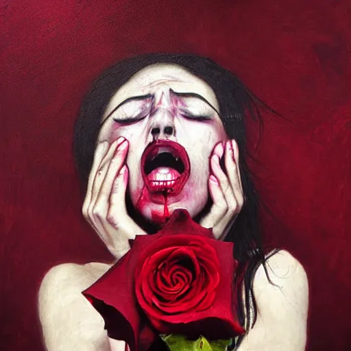 Image similar to extrem mad girl with extrem anger screams into the void to release her anger, while shes crying she holds a rose in her hands, high detail painting in dark red colors by Mamoru Kanbe