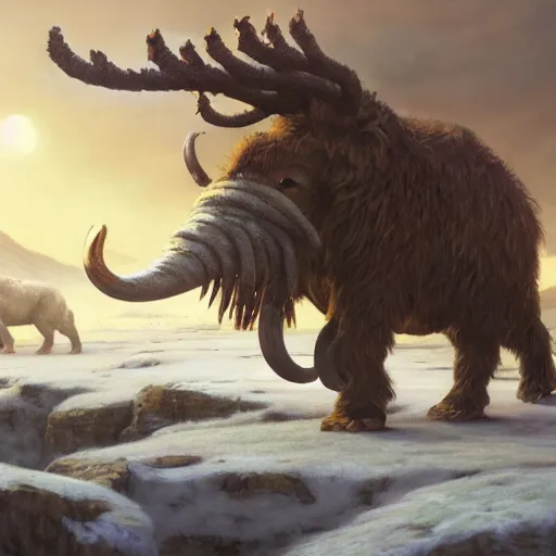 Image similar to Magic The Gathering art action shot of troll warriors riding wooly mammoths in the tundra, drawn by Donato Giancola and Tom Bagshaw, Edmund Leighton, Alphonse Mucha, 4k, volumetric lighting, intense battle scene award winning, octane render, hyperrealistic