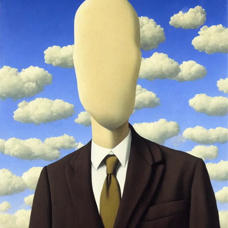 Image similar to portrait of headless man in a suit, clouds in the background, by rene magritte, detailed painting, distance, middle centered, hd, hq, high resolution, high detail, 4 k, 8 k