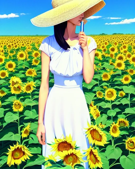 Prompt: a girl in a white dress and a straw hat walks in the sunflower field | | fine - face, audrey plaza, realistic shaded perfect face, fine details. anime. realistic shaded lighting poster by ilya kuvshinov katsuhiro otomo ghost - in - the - shell, magali villeneuve, artgerm, jeremy lipkin and michael garmash and rob rey