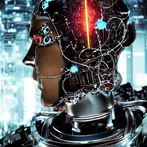 Image similar to Beautiful Photo of Arduino Uno in the robot's head. cyborg man. Cyberpunk. splatterpunk. 4K