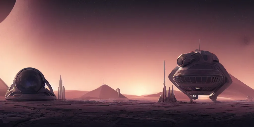 Prompt: futuristic space station in the desert 3 d concept art, cinematic lighting, mad max, intricate details, lonely astronaut, building by zaha hadid, pastel orange sunset, emissary space by arthur haas and bruce pennington and john schoenherr, cinematic matte painting, dark moody monochrome colors, trending on artstation, featured on behance