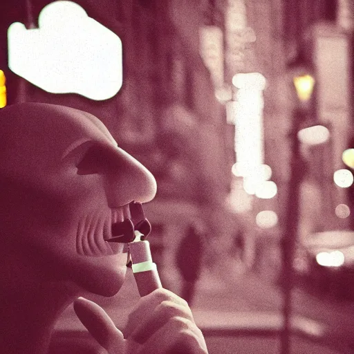 Prompt: portrait of classic ghost with a cigarette in mouth, sitting a NYC sidewalk, city lights, trending on artstation, 8k, 4k, volumetric lighting, lighthearted, cinematic composition, hd, fun