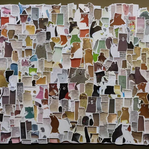 Prompt: Accurate representation of cat collage made out of cut coated and uncoated colored papers on two joined sheets of found newspaper