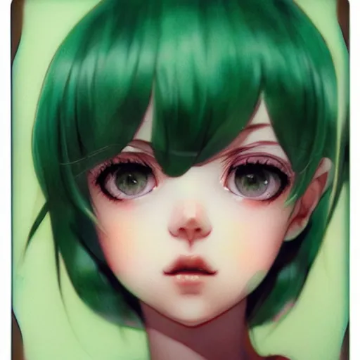 Image similar to beautiful young girl, curly green hair, polaroid, Ilya Kuvshinov, Range Murata