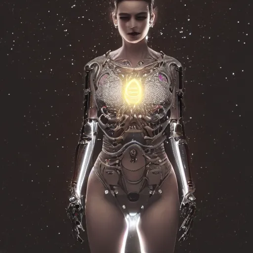 Prompt: woman full body, ethereal, biomechanical, cyberpunk, covered in diamonds and other gems glowing, elegant posed intricate, extremy detailed andrew chiampo, frederik heyman, beeple, cgsociety, artstation. cinematic lighting, highly detailed 4 k art