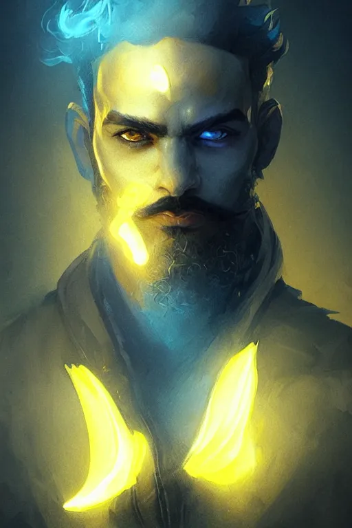 Prompt: Arab man light beard, curly hair, swordsman, modern, hero, yellow and charcoal leather, glowing blue eyes!! highly detailed, digital painting, artstation, concept art, sharp focus, illustration, by greg rutkowski