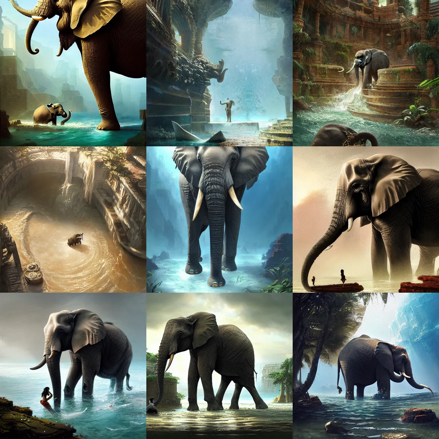 Prompt: an elephant discovering the lost city of atlantis,digital art,detailed,ultra realistic,art by greg rutkowski