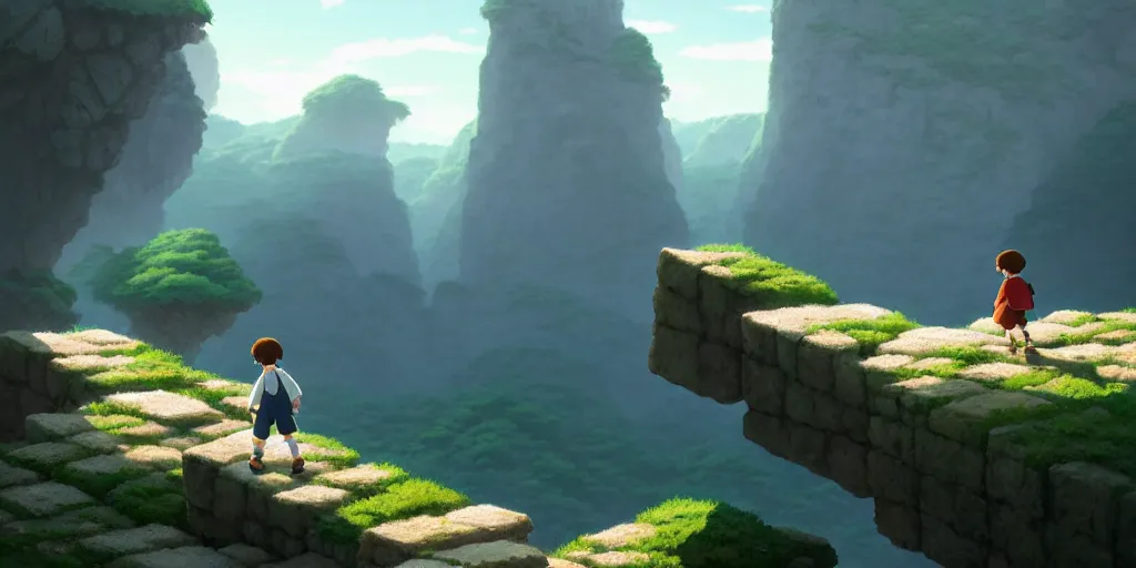 Image similar to a small boy walking over big stone blocks, just over the precipice, studio ghibli, pixar and disney animation, sharp, rendered in unreal engine 5, anime key art by greg rutkowski, bloom, dramatic lighting