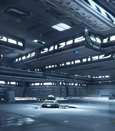 Image similar to highly detailed cyberpunk Spaceship hangar concept render, unreal engine artstation