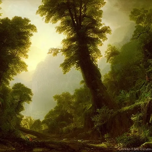Prompt: hidden path leading through a peaceful morning forest after a rainstorm, wet, forest, by thomas cole, morning