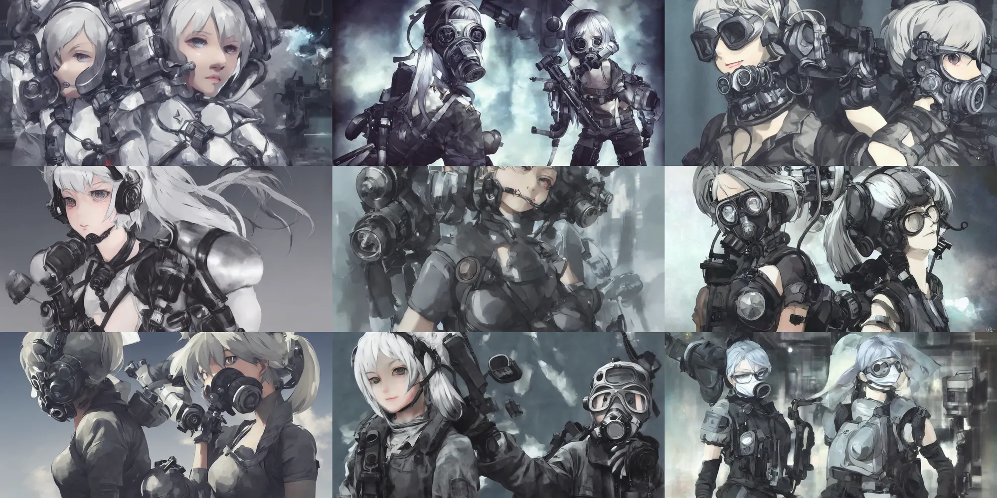 Prompt: girl silver hair, gas mask, realistic illustration by Yoji Shinkawa and Krenz Cushart, cinematic