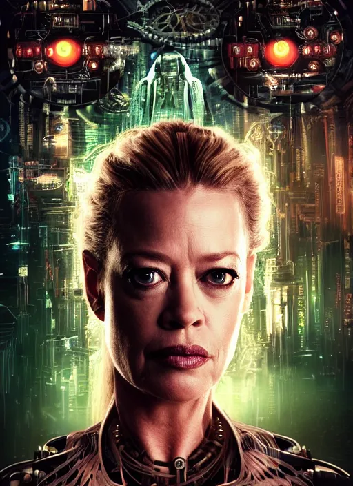 Image similar to 35mm portrait of an intricate and sophisticated borg with the face of Jeri Ryan , on the background of a weird magical mechanical forest. Round gears visible inside her hear. Very detailed 8k. Fantasy cyberpunk horror. Sharp. Cinematic post-processing