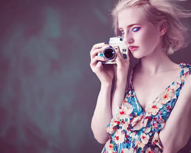 Prompt: pale young woman with bright blonde hair, freckles, blue eyes and a wide face, flowery dress, she is holding a professional dslr camera close to her face, dramatic lighting, bright flare, surreal art by anna nikonova