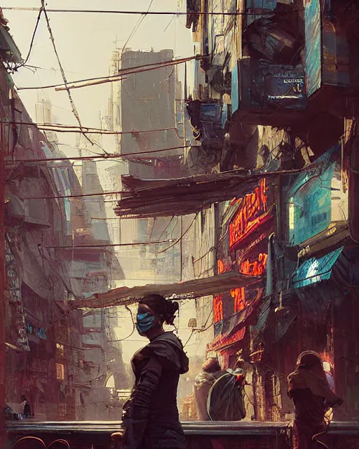 Image similar to a highly detailed epic cinematic concept art CG render digital painting artwork: cyberpunk street market. By Greg Rutkowski, in the style of Francis Bacon and Syd Mead and Norman Rockwell and Beksinski, open ceiling, highly detailed, painted by Francis Bacon and Edward Hopper, painted by James Gilleard, surrealism, airbrush, Ilya Kuvshinov, WLOP, Stanley Artgerm, very coherent, triadic color scheme, art by Takato Yamamoto and James Jean