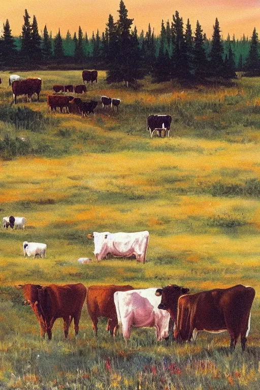 Image similar to bob ross painting of cattle grazing in alberta praries