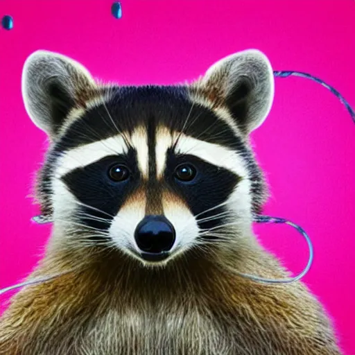 Image similar to racoon wearing pink headphones, chad, poster style, vivid colors