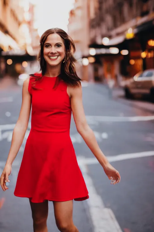 Prompt: blurry photo portrait of a smiling pretty woman in a red sleeveless dress, out of focus, city street scene