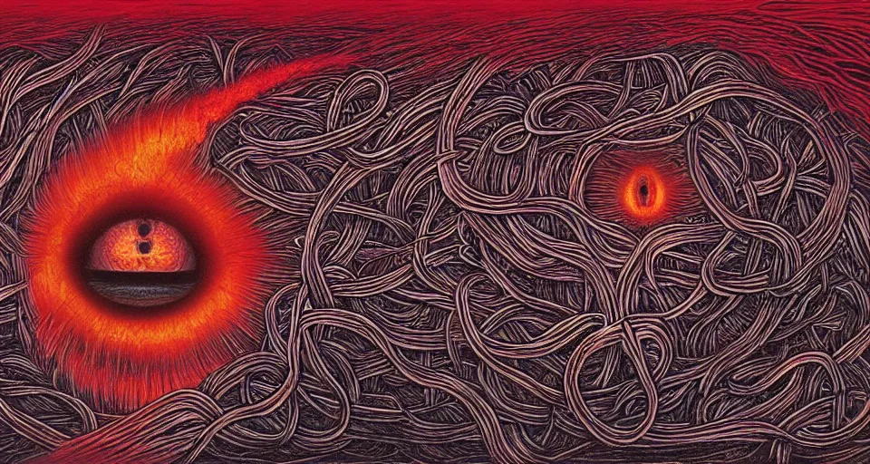 Image similar to a volcano made of ivory vines and crimson rocks enters in eruption, it spits a smoke in the shape of demonic eye, by Alex Grey ,