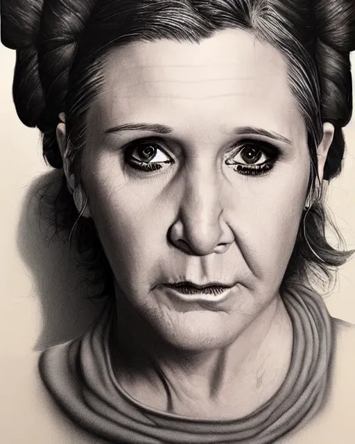 Image similar to portrait of carrie fisher, gritty, dark, very detailed eyes, hyperrealistic, very detailed painting by Glenn Fabry, by Joao Ruas, by Artgerm