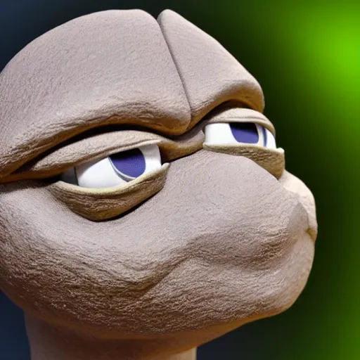 Image similar to clay head of pepe the frog, 3d sculpture, textured, fine detail, lifelike, photo, high resolution