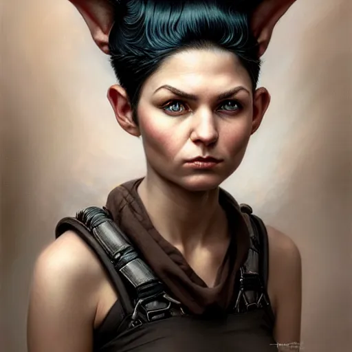 Image similar to portrait of a beautiful cute realistic determined female gnome engineer, black pixie undercut haircut, charming, intense stare, micro detail, intricate, elegant, highly detailed, centered, artstation, sharp focus, illustration, artgerm, tomasz alen kopera, peter mohrbacher, donato giancola, wlop