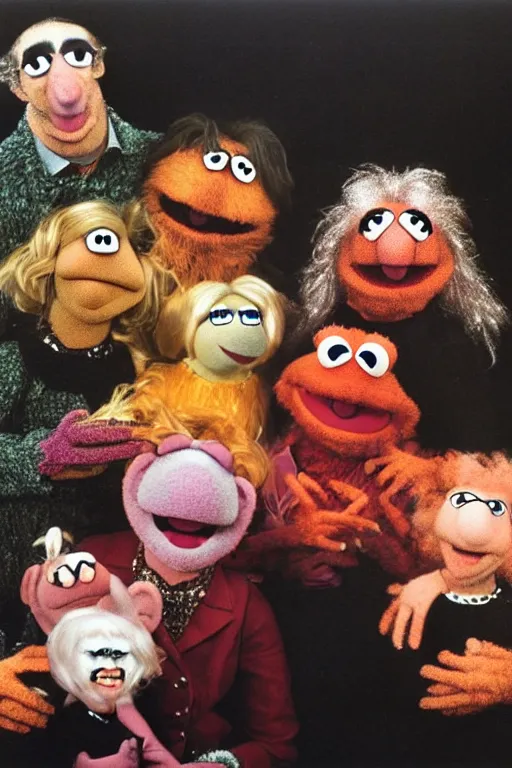 Image similar to muppet family photo, 1 9 6 0 s, olan mills studio, creepy, scary, laughing, color, grotty, ugly, terrified, brian froud