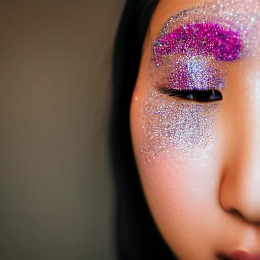 Prompt: Close-up of an young asian woman's face, wearing glitter. Photography, Canon. Award Winning.