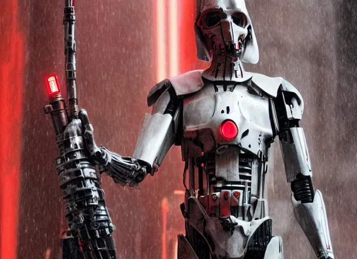 Image similar to 3 5 mm portrait photo of ( general grievous )!! with heavy duty biomechanical cybernetic body with many red lightsabers in the city in the rain. cyberpunk horror style.