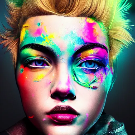 Image similar to portrait made out of exploding paint, punk rock women, short blond hair, octane render, highly detailed, realistic, beautiful, splashes of neon, comic book art