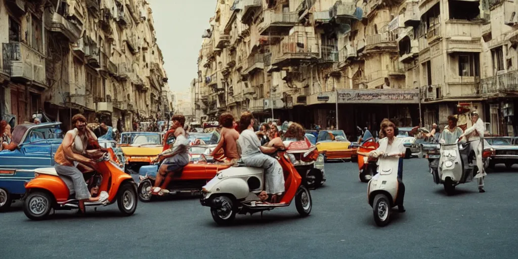 Image similar to movie in the 7 0 s, grease, disco, vespa motorcicles, fiat uno, in the city of genova still image. cinematic. color grading.