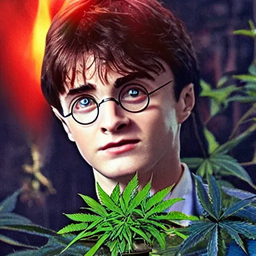 Prompt: harry potter holding a long joint, surrounded by weed plants, jungle of weed plants, red fire eyes, realistic