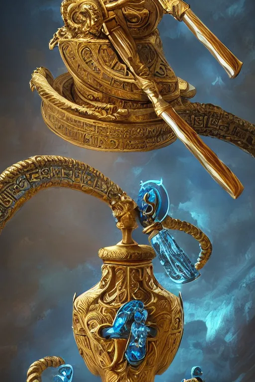 Prompt: fantasy greg rutkowski digital painting of an ornate and royal egyptian old twisted ornate engraved with gold wooden staff weapon with a radiant blue crystal on top tip hovering, unreal engine, hyper realism, realistic shading, cinematic composition, blender render, octane render, hdr, detailed textures, photorealistic, 3 5 mm film