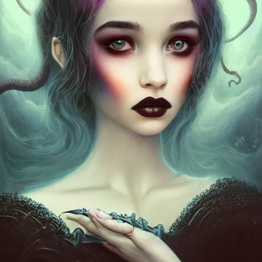 Prompt: tom bagshaw, curiosities in lovecraftian world, beautiful asian mix of dove cameron madison beer bella poarch cthulhu in a full dress, gothic makeup, professionally retouched, focus eyes, ultra realistic soft painting, insanely detailed linework, symmetrical accurate intricate features, behance, 8 k
