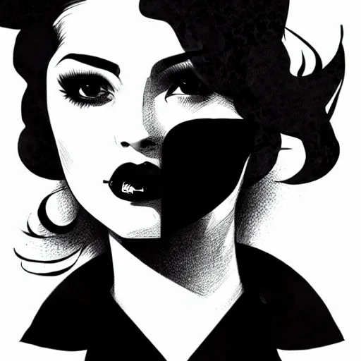 Image similar to black and white silhouette feminine woman portrait - hunter, logo, ink drawing, art by jc leyendecker and sachin teng