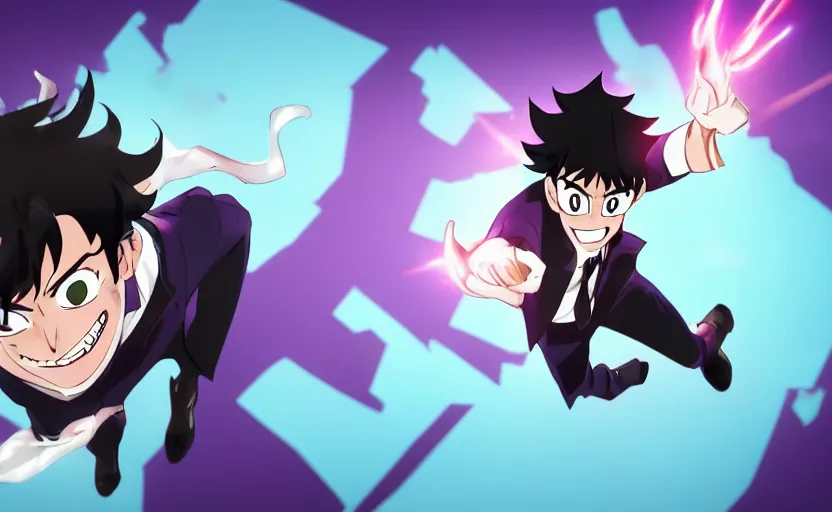 Image similar to a guy with black hair, wears a comedian purple suit and a red bowtie, anime character design key visual, Official media from My Hero Academia, sharp, 4k HD