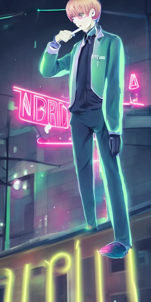 Image similar to Android wearing a school uniform, smoking a cigarette while standing on street corner lit by a neon sign”, full body shot, Digital art, detailed, anime