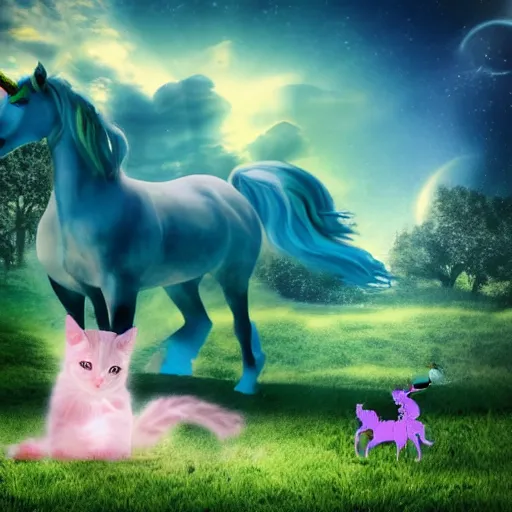 Image similar to dream : a fabulous landscape, a magical unicorn. a boy is sitting astride him. a cat is lying