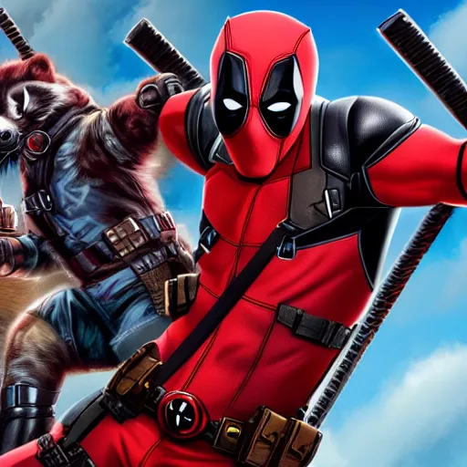 Image similar to deadpool and rocket raccoon together digital art 4 k detailed super realistic