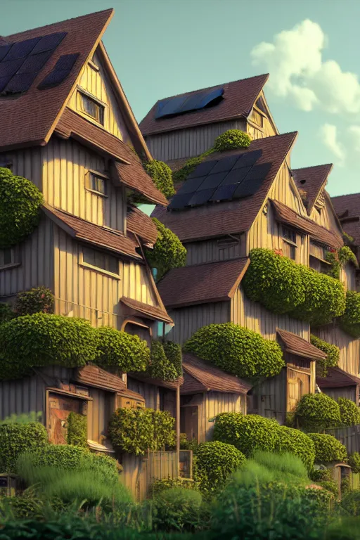 Image similar to stacked houses, solarpunk, studio ghibli, jean - baptiste monge, octane render, 4 k