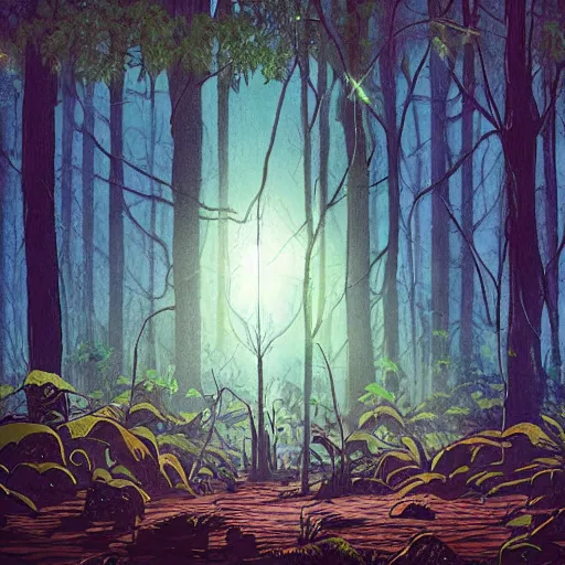 Image similar to a dirty lost person is following a floating blue softly glowing ball of light through the swampy forest, art by Alberto Rocha .