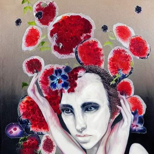 Prompt: “art in an Australian artist’s apartment, portrait of a depressed woman wearing white silk cloth stained by fresh raspberries and strawberries and blueberries, white wax, edible flowers, Japanese pottery, Australian native white and red flowers ikebana, black walls, acrylic and spray paint and oilstick on canvas”