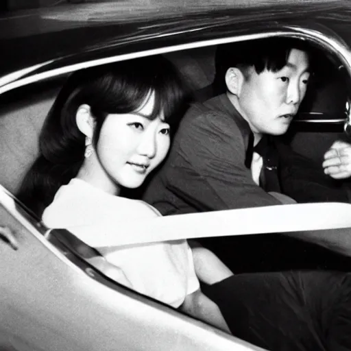 Image similar to 1960s press archive of the actress Choi Eun-Hee and director Shin Sang-ok coming out of a car, faces obscured, Reuters, 35mm film, film grain, mysterious exterior, underexposed