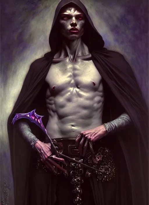 Prompt: male necromancer, full body, hyper realistic, extremely detailed, dnd character art portrait, dark fantasy art, intricate fantasy painting, dramatic lighting, vivid colors, by edgar maxence and caravaggio and michael whelan and delacroix.