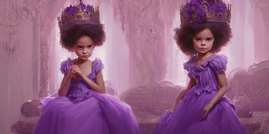 Image similar to portrait of little princess sophia is dressed in purple. her face is so beautiful, elegant and detailed. there are beautiful vases beside them, by greg rutkowski, by greg tocchini, by james gilleard, by joe gb fenton, by in kaethe butche